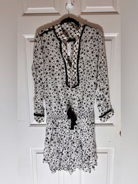 Poupette St Bath Donna Women's Black & White Floral Tie-Neck Dress Size L